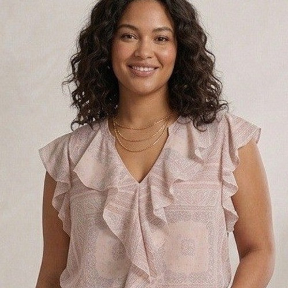 Universal Thread Pink Paisley Ruffle V-Neck Sleeveless Blouse Top Large Boho